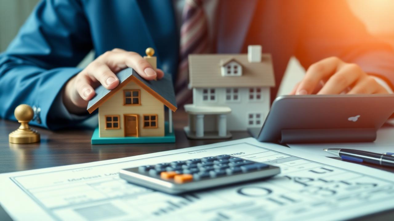 A model house beside a calculator, stacked coins and a loan balance transfer statement