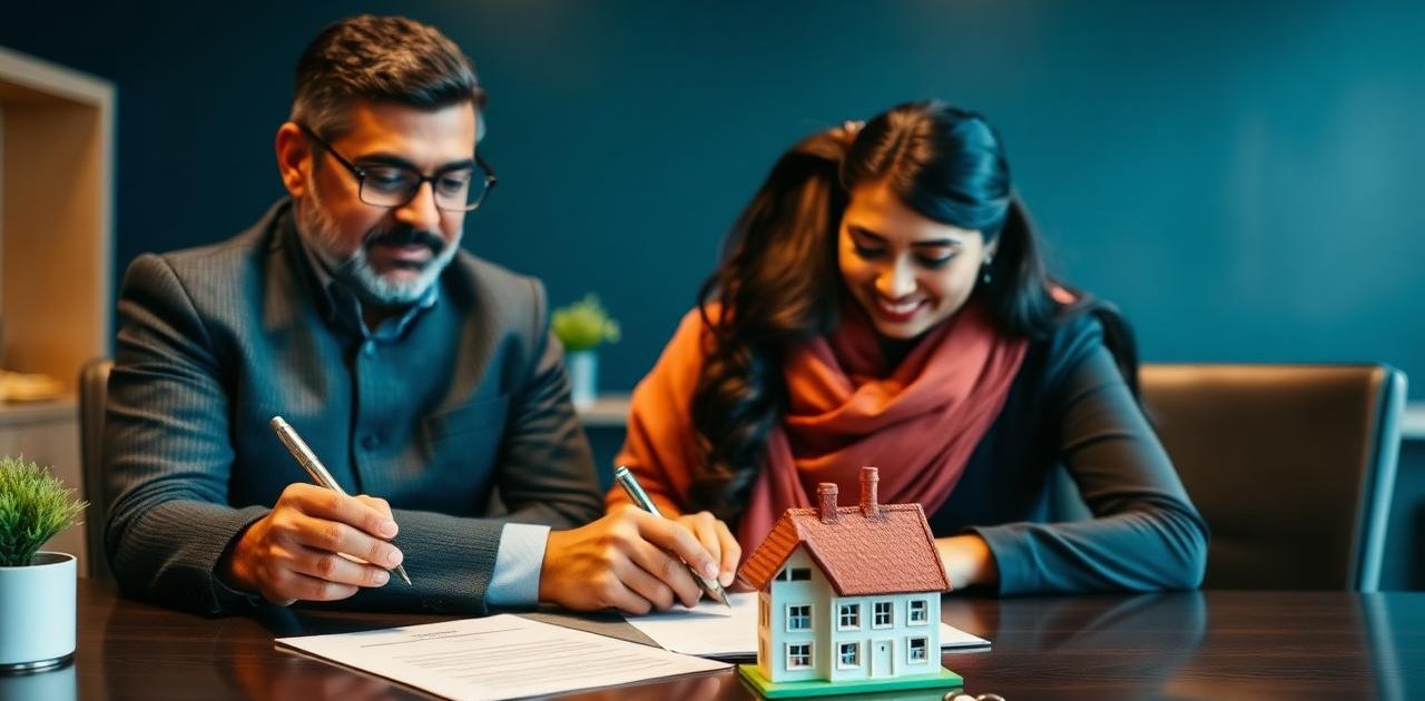 A couple going through home loan paperwork with an adviser
