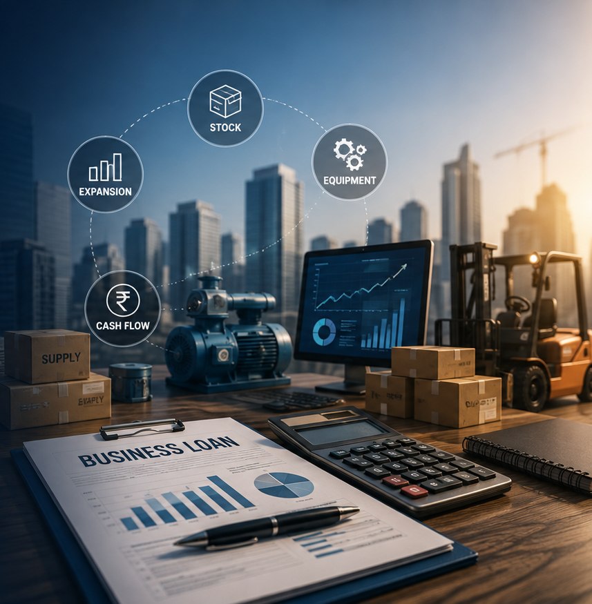 A desk with a business loan application, calculator and charts, against stock, machinery and a city skyline