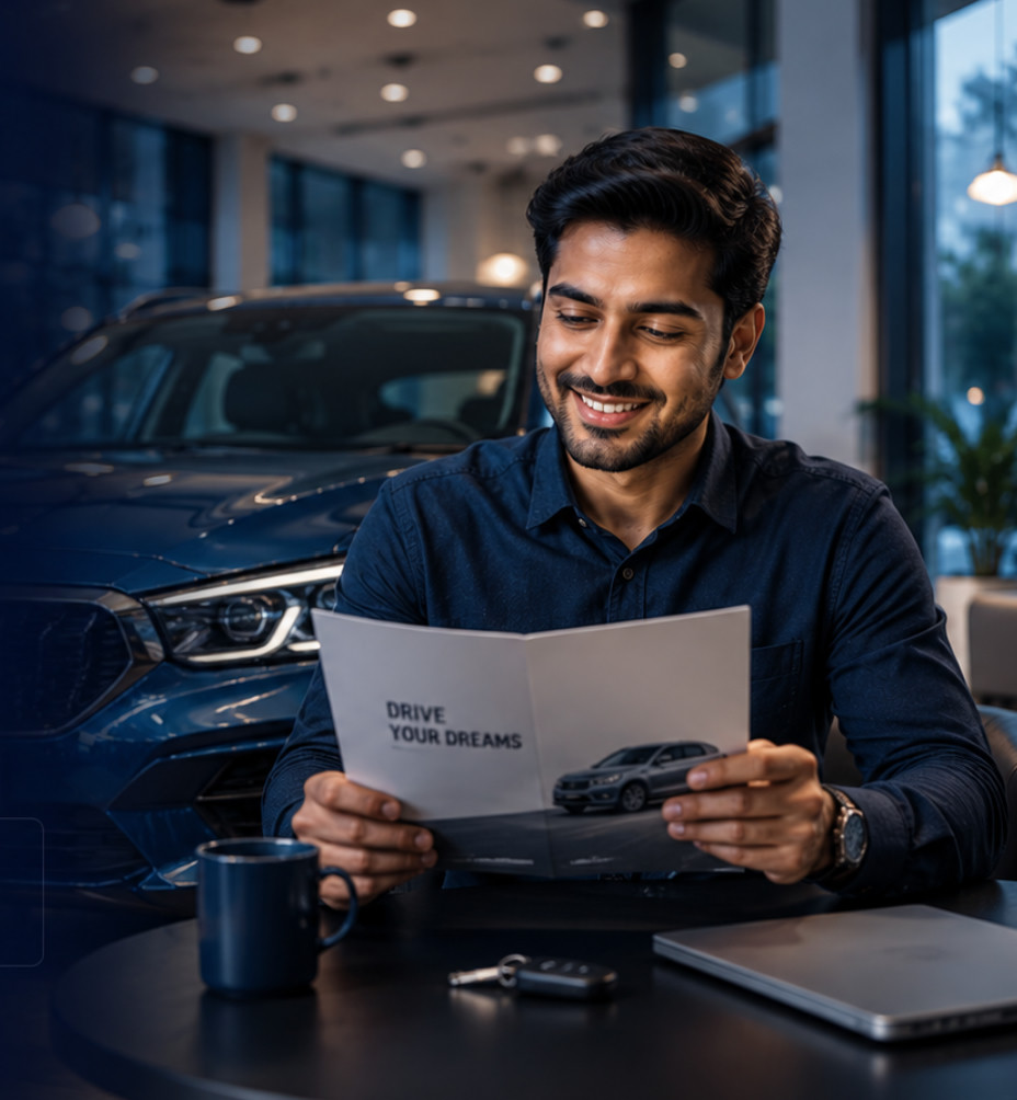 A man reading a car brochure in a showroom, with keys and a laptop on the table