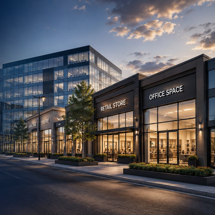 A row of lit retail and office units at dusk, with a glass office block behind