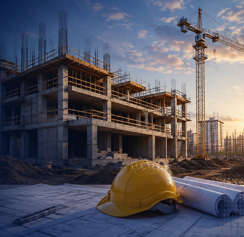 A house under construction at sunset, with a hard hat and rolled plans in the foreground