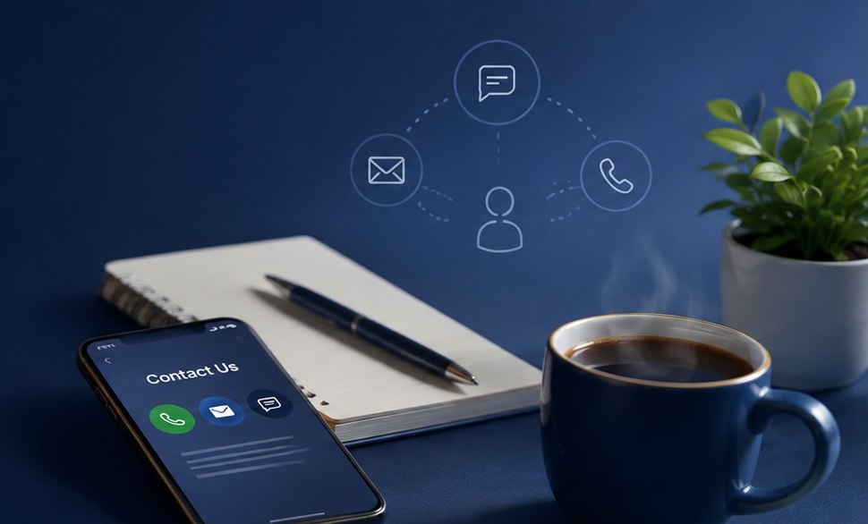 A phone showing a contact screen on a desk, beside a notebook, pen and cup of coffee