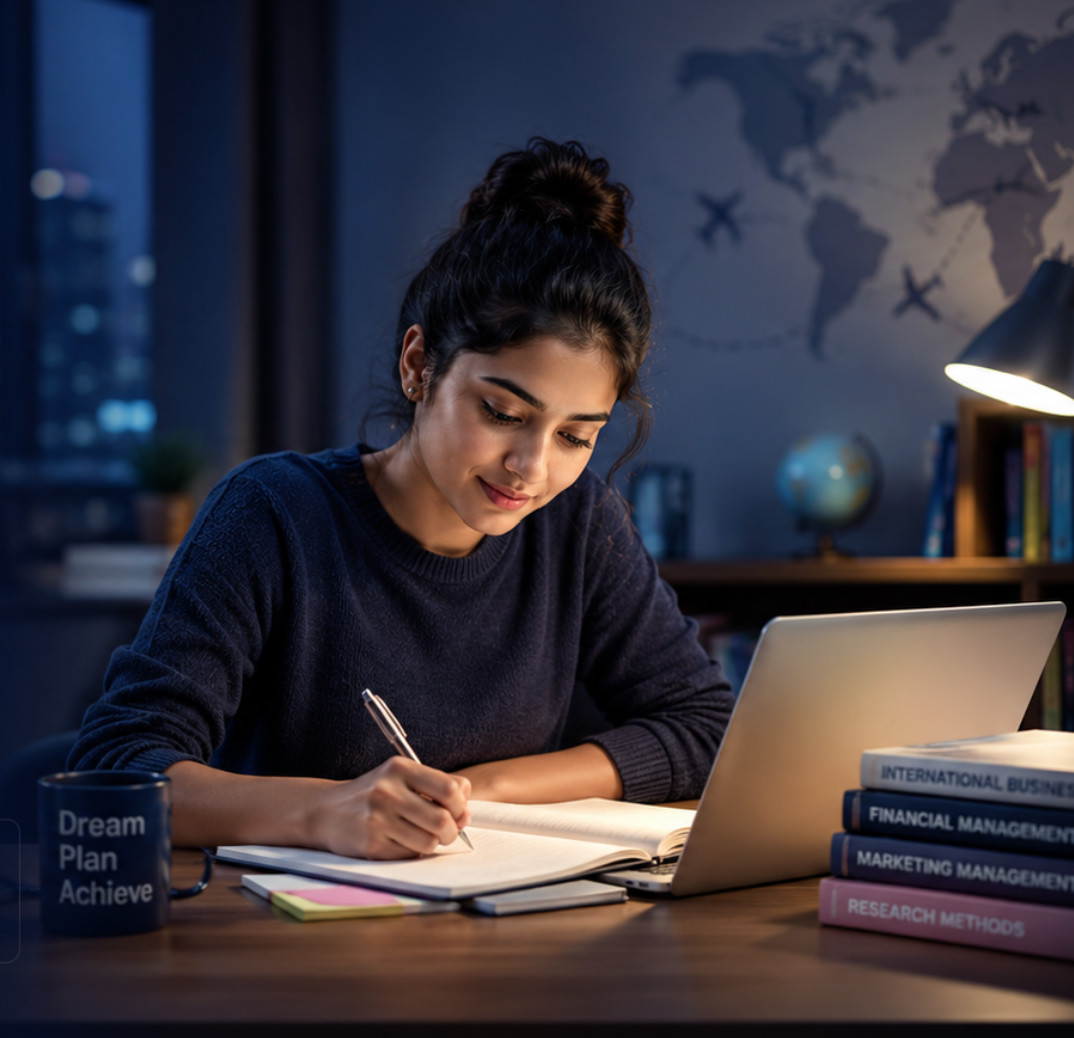 A student studying at a desk at night, writing notes beside a laptop and textbooks