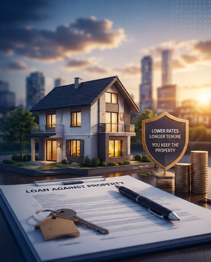 A model house at dusk beside a loan against property form, house keys and stacked coins