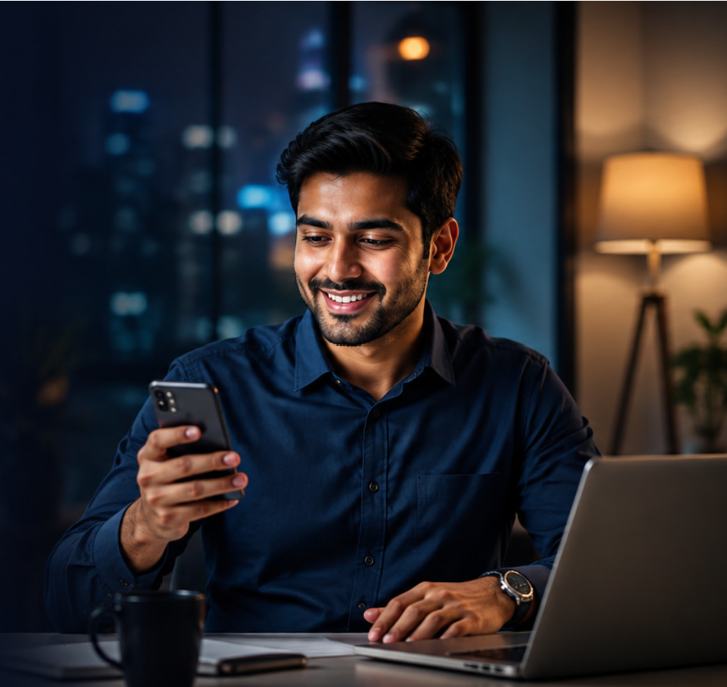 A man smiling at his phone while working late at a desk with a laptop