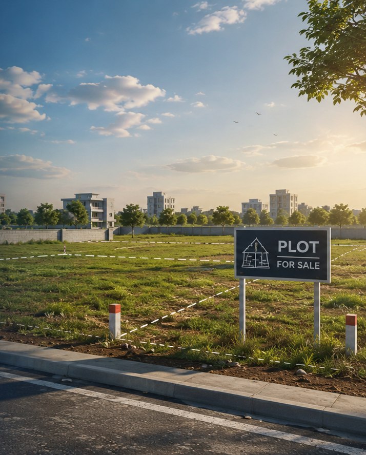An empty plot marked out for sale in an approved layout, with the town skyline behind
