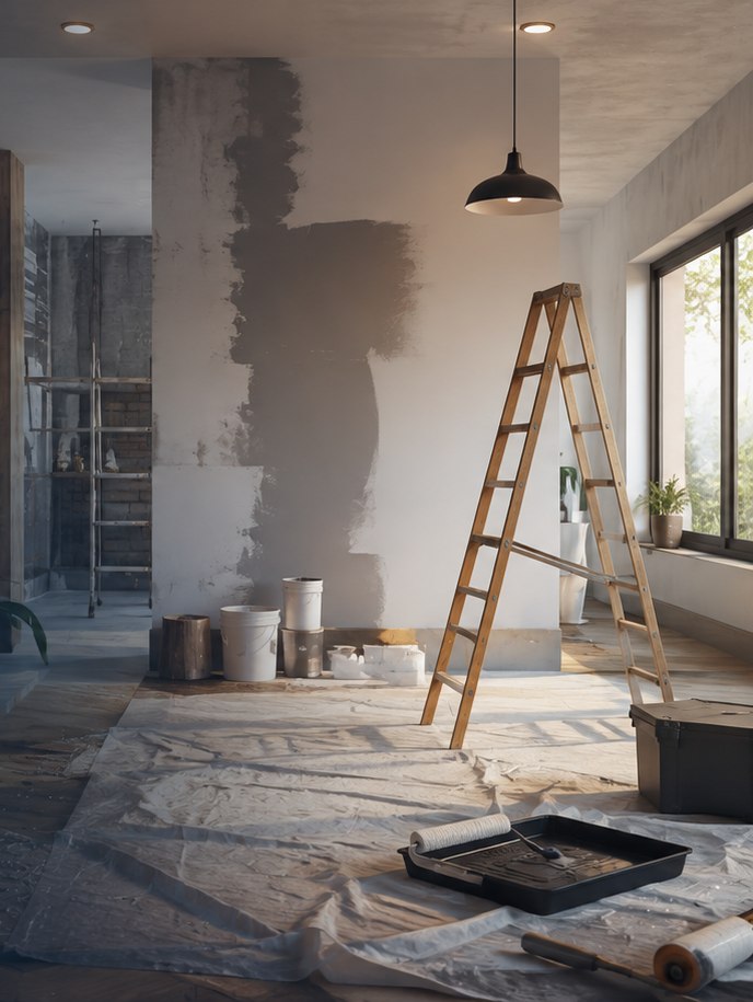 A room mid-renovation, with a step ladder, paint tins and dust sheets over the floor