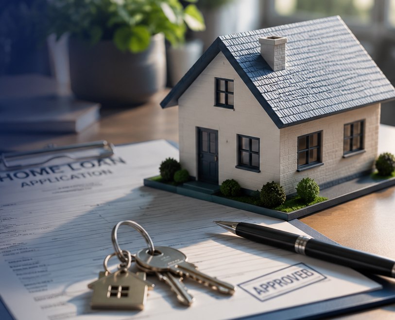 House keys and an approved home loan application beside a model house